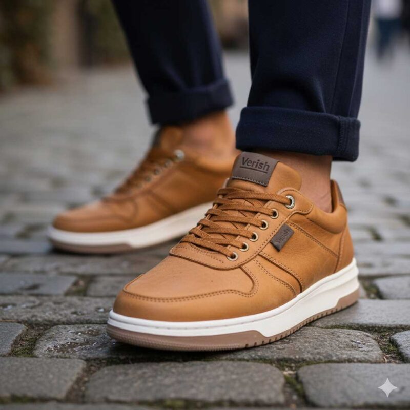 کفش انرژی پلاس نابوک مردانه چرم طبیعی اسپرت – رنگ عسلی - فروشگاه تبریزپا